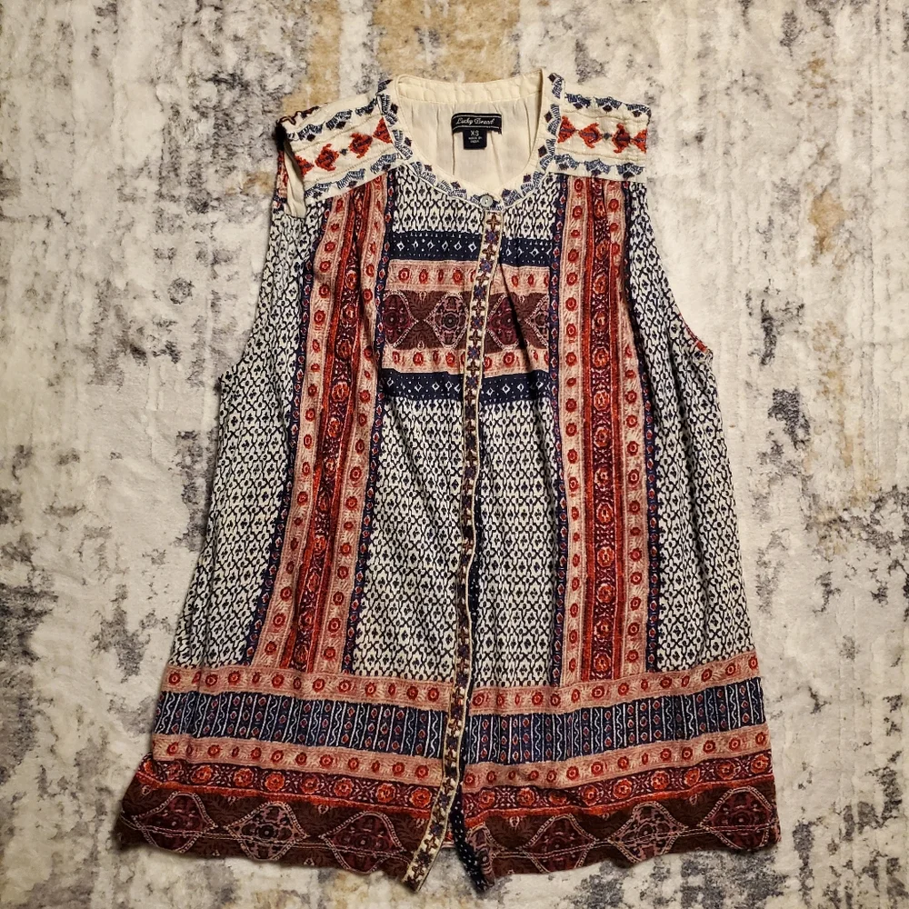 Lucky Brand Sleeveless boho button down tank Navy Blue and Red Size XS - Picture 12 of 15